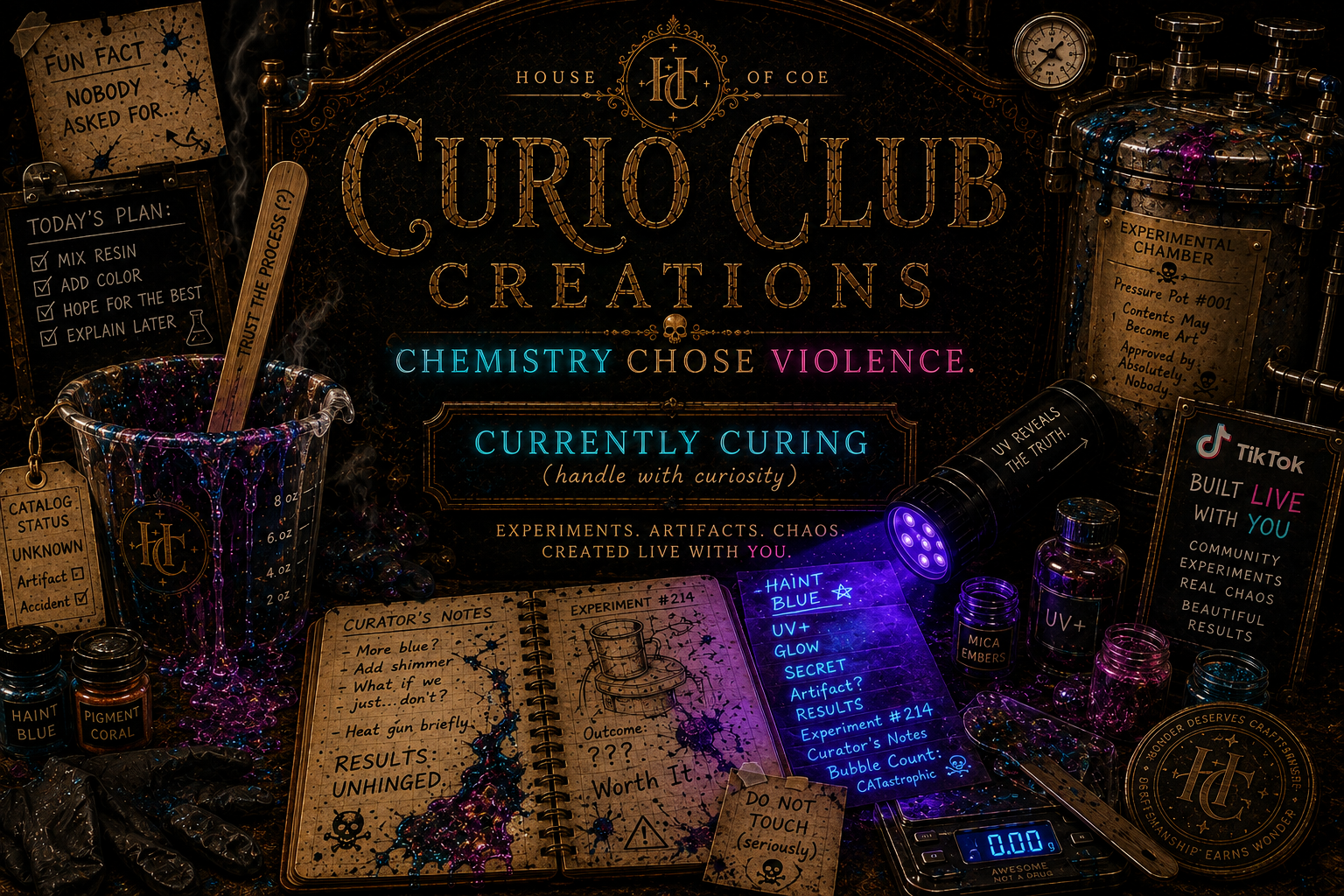 A dark, gothic-themed collage of vintage-style bottles, notebooks, a试管, and glowing purple light effects with large text reading 'Curio Club Creations' and smaller text 'Chemistry Chose Violence.' and 'Currently Curing.